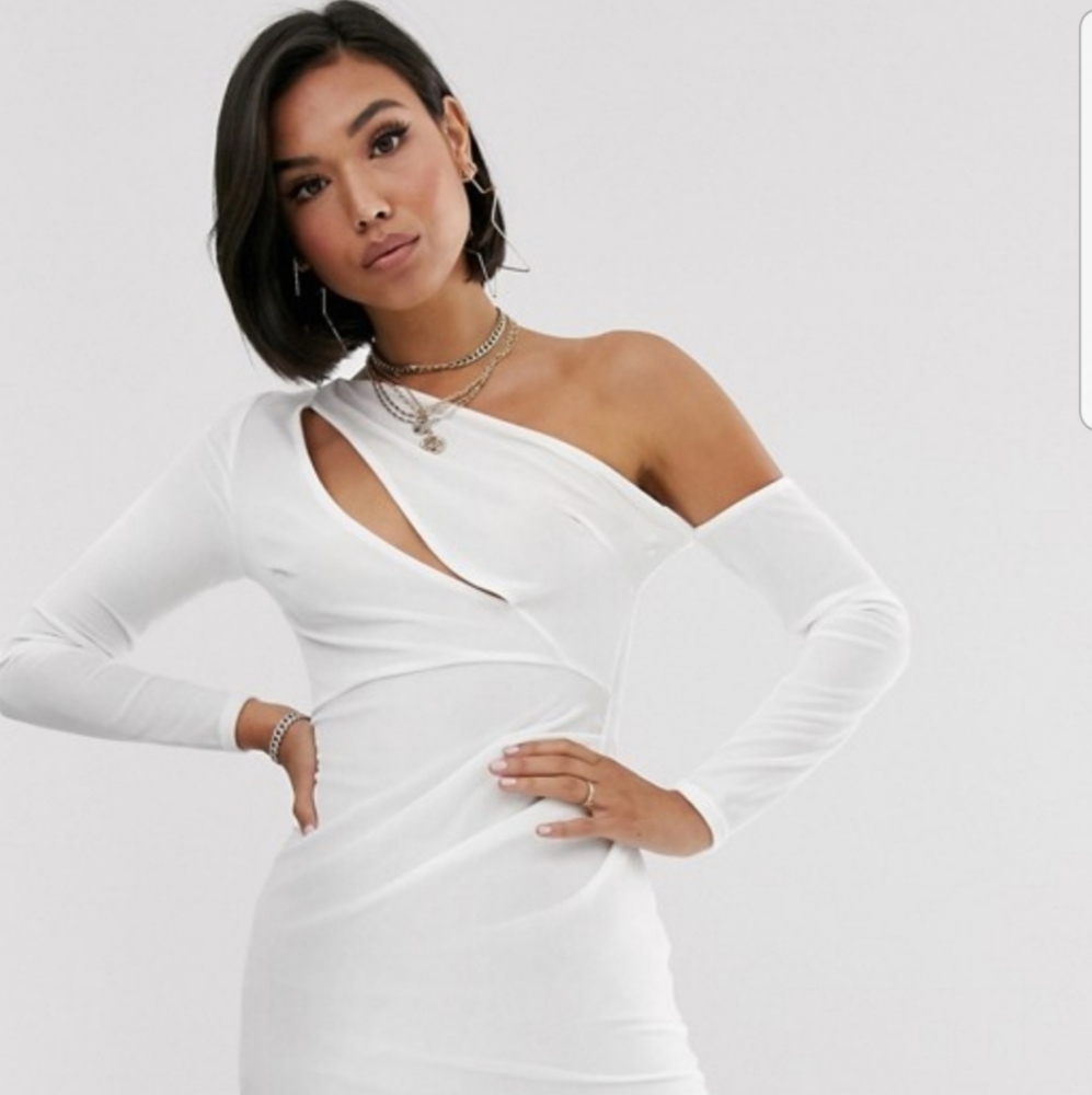 ASOS Design Winter White Slash Front Velvet/Velour Long Sleeve Mini Dress